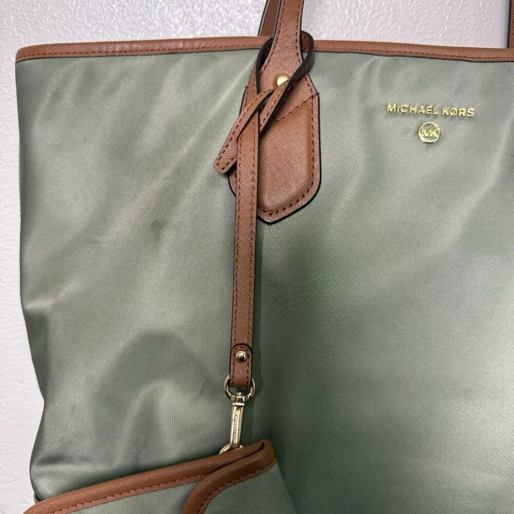 Michael Kors Eva Large Nylon Leather Tote Wh Match Pouch Army Green Timeless - Picture 4 of 16